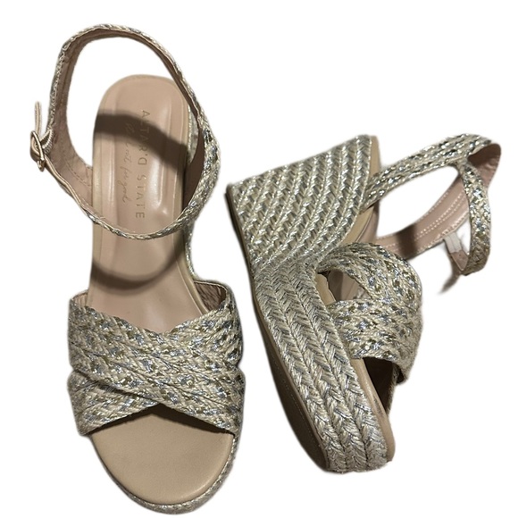 Altar'd State Shoes - Altar'd State Metallic Woven Strap Crisscross Wedges